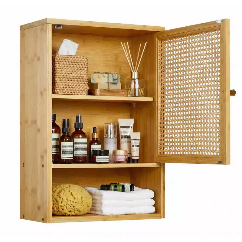 Bamboo Bathroom Wall Cabinet with Rattan Doors - Adjustable Shelf Medicine Cabinet & Space-Saving Over Toilet Storage Organizer