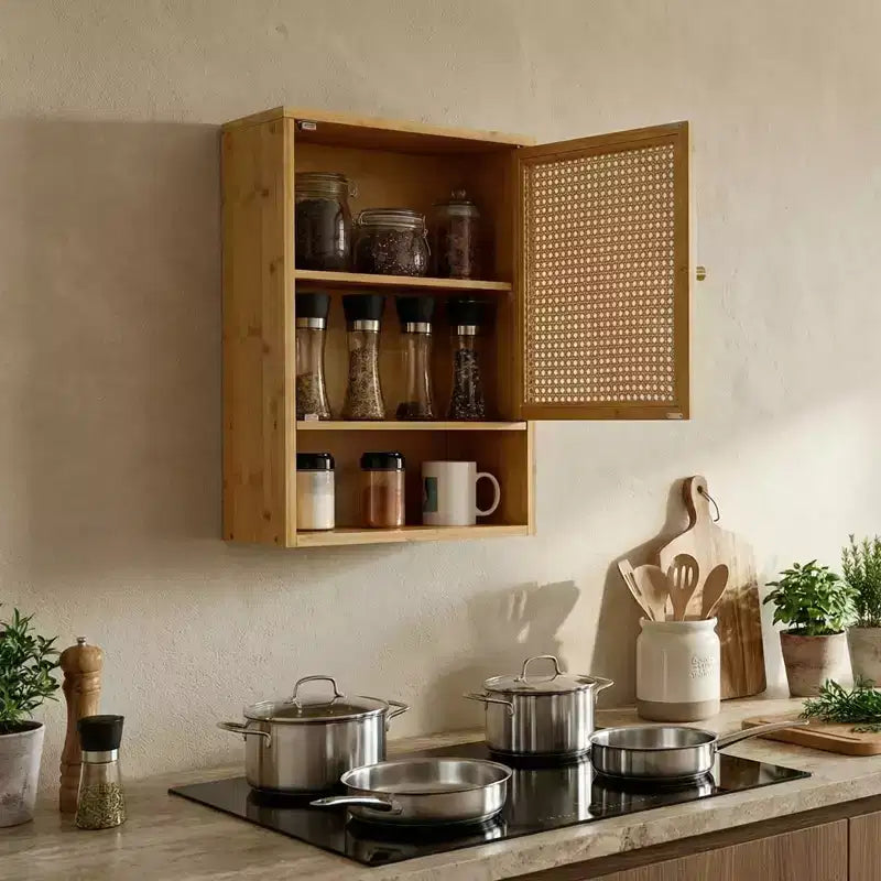 Bamboo Bathroom Wall Cabinet with Rattan Doors - Adjustable Shelf Medicine Cabinet & Space-Saving Over Toilet Storage Organizer