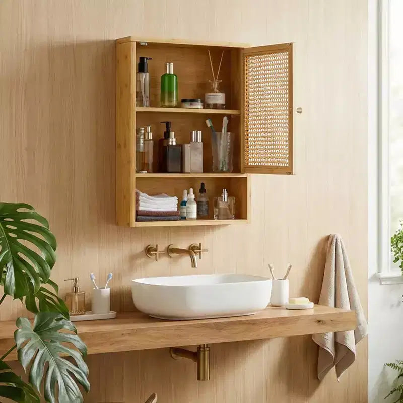 Bamboo Bathroom Wall Cabinet with Rattan Doors - Adjustable Shelf Medicine Cabinet & Space-Saving Over Toilet Storage Organizer