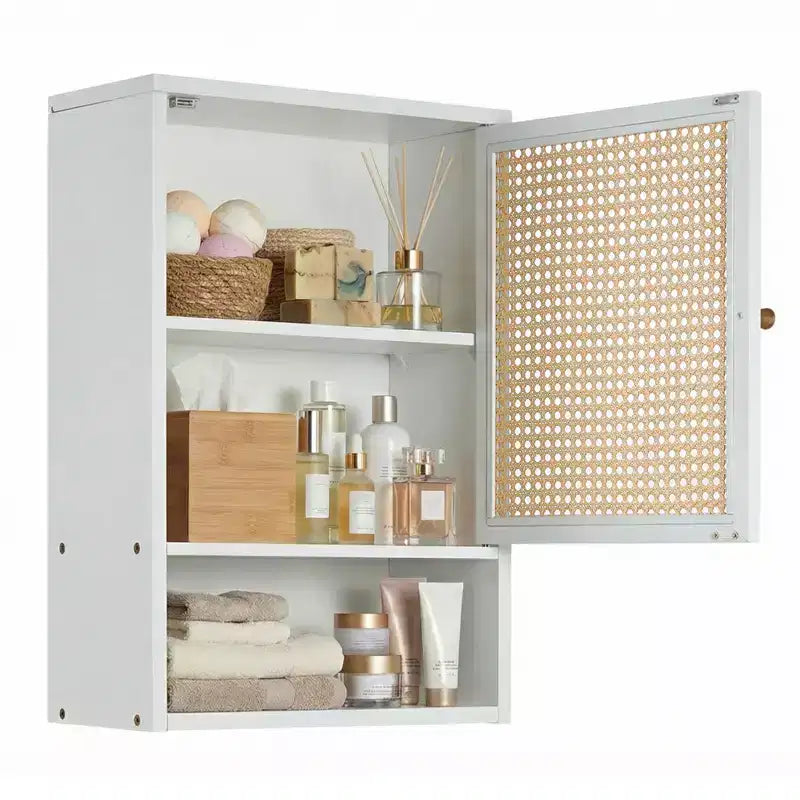 Bamboo Bathroom Wall Cabinet with Rattan Doors - Adjustable Shelf Medicine Cabinet & Space-Saving Over Toilet Storage Organizer