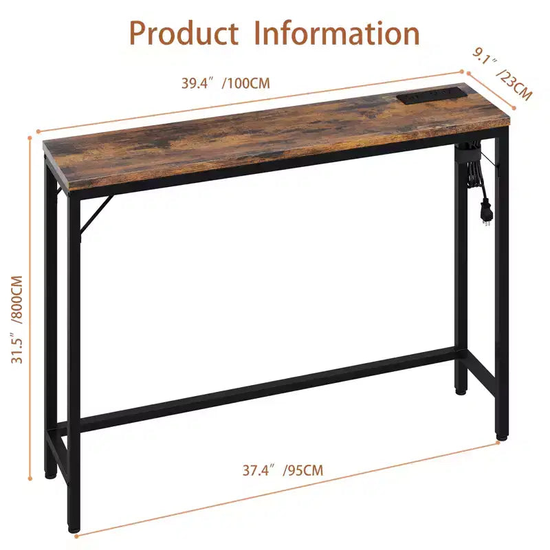 39" Narrow Entryway Table with USB Ports, Industrial Console Table with Charging Station for Hallway Living Room