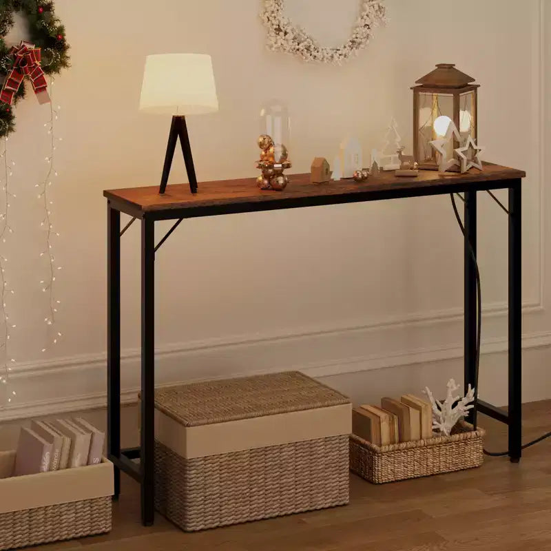 39" Narrow Entryway Table with USB Ports, Industrial Console Table with Charging Station for Hallway Living Room