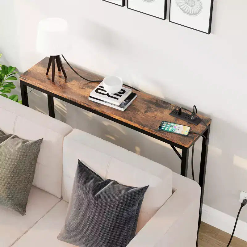 39" Narrow Entryway Table with USB Ports, Industrial Console Table with Charging Station for Hallway Living Room