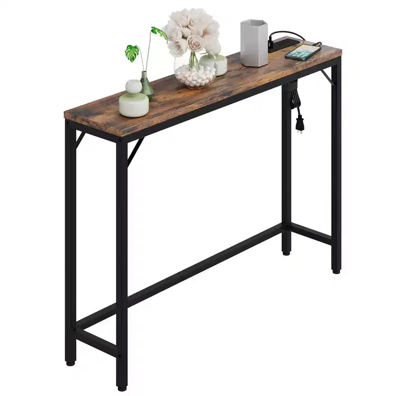 39" Narrow Entryway Table with USB Ports, Industrial Console Table with Charging Station for Hallway Living Room