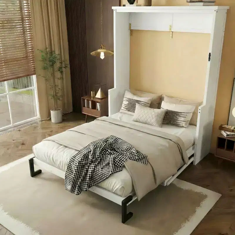 Clihome Queen Size Wood Vertical Murphy Bed, Space-Saving Hidden Wall Bed, Wall Bed Cabinet