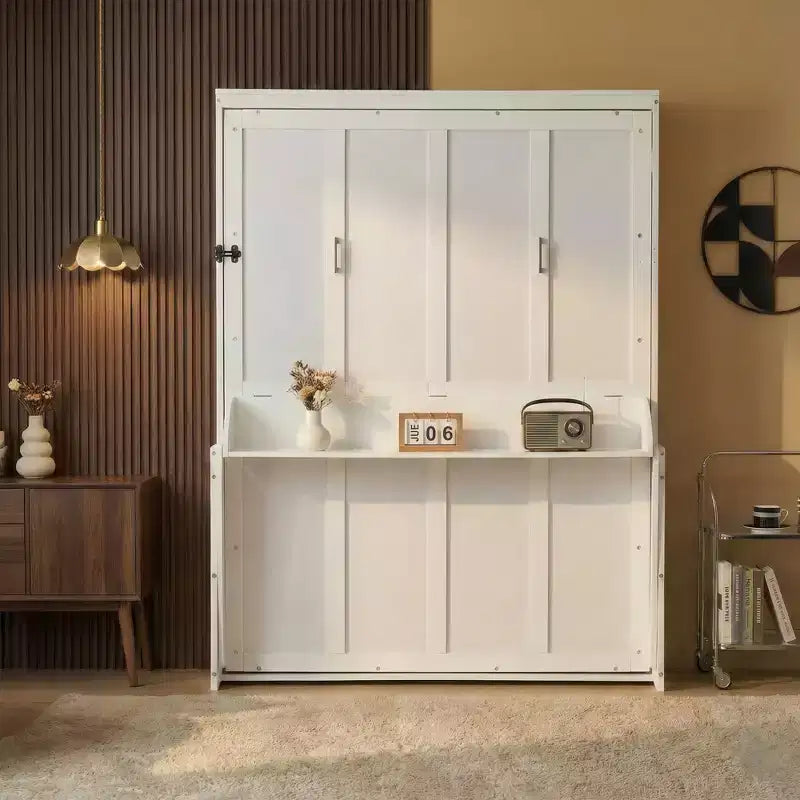 Queen Size Wood Vertical Murphy Bed, Space-Saving Hidden Wall Bed Cabinet