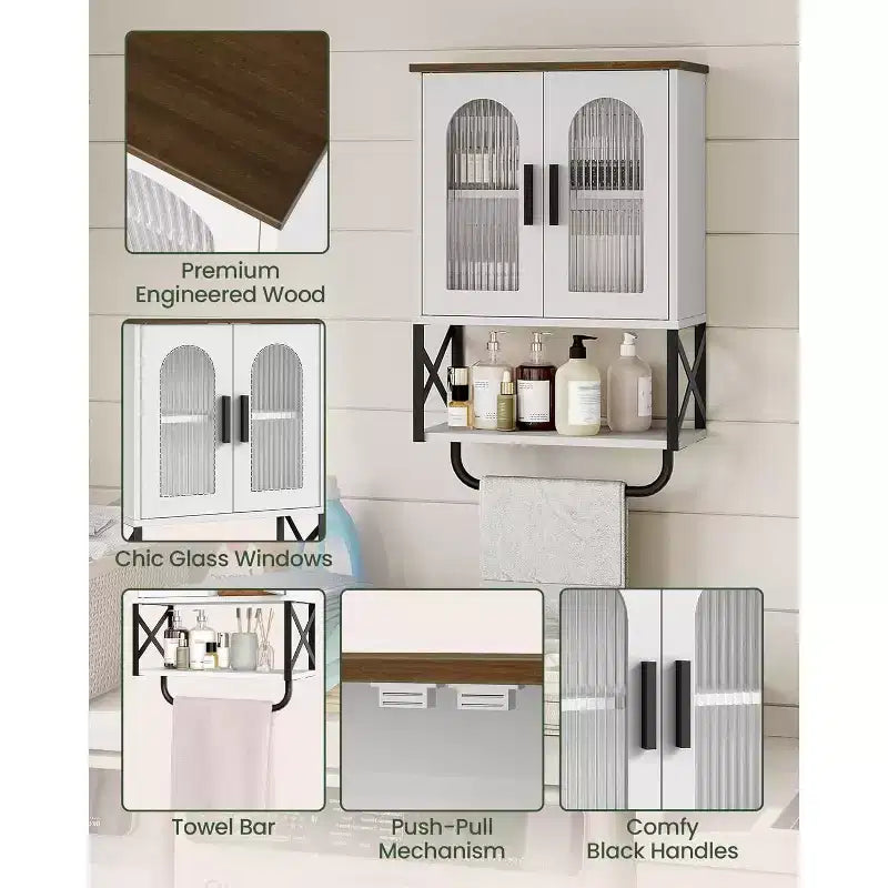 Bathroom Wall Cabinet with Adjustable Shelf, Towel Bar, 2 Glass Doors