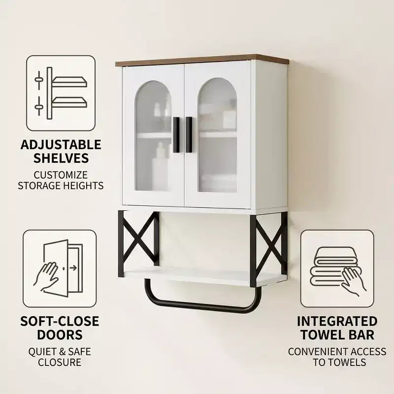 Bathroom Wall Cabinet with Adjustable Shelf, Towel Bar, 2 Glass Doors