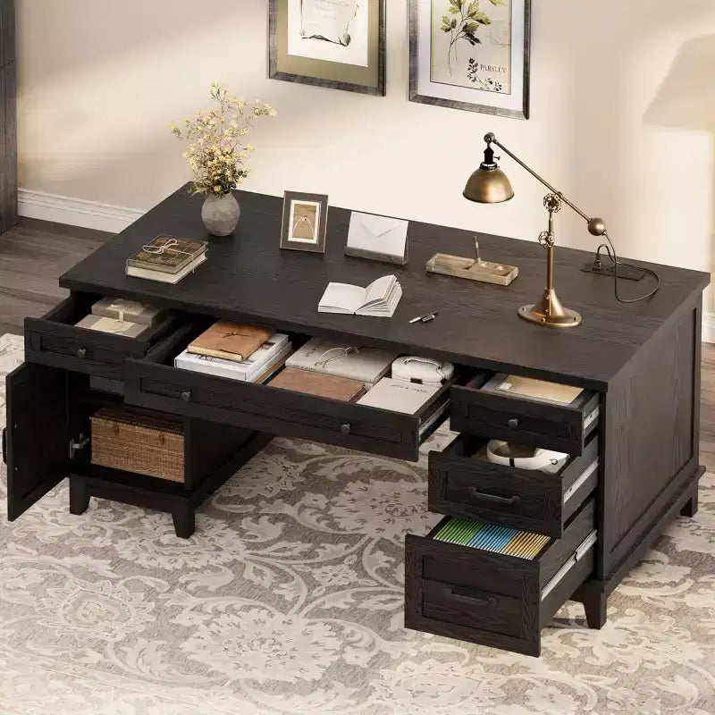 60 Executive Desk with Drawers, Home Office Desk with Charging Station, Wooden Computer Writing Desk for Study, Conference Table for Living Room