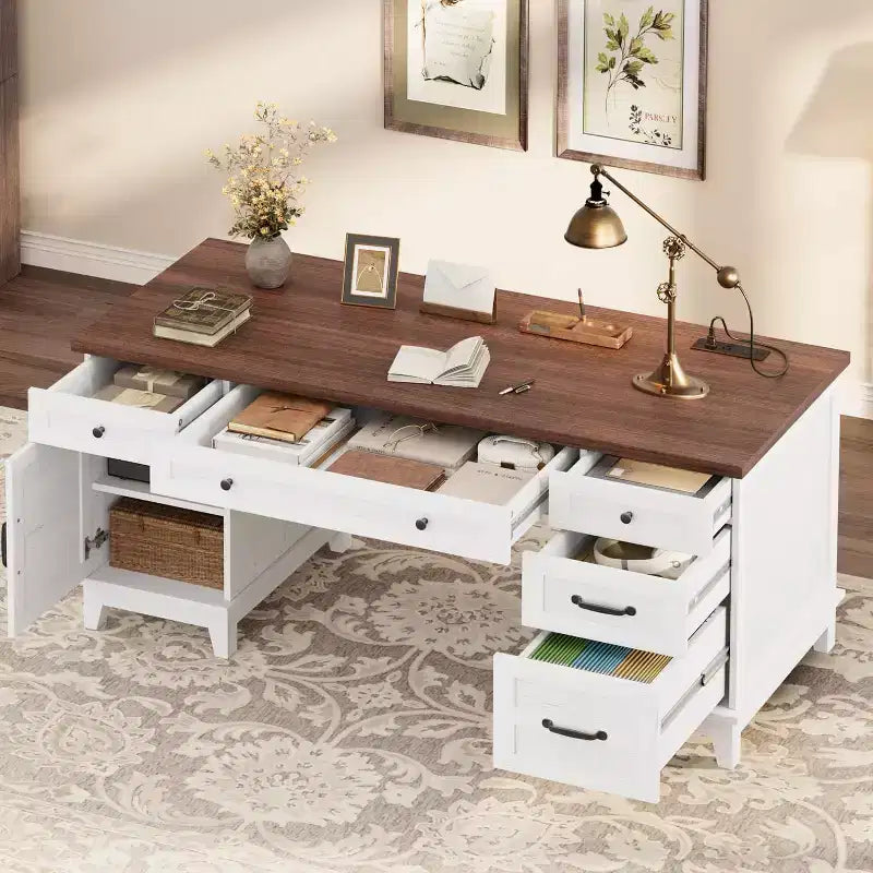 60 Executive Desk with Drawers, Home Office Desk with Charging Station, Wooden Computer Writing Desk for Study, Conference Table for Living Room