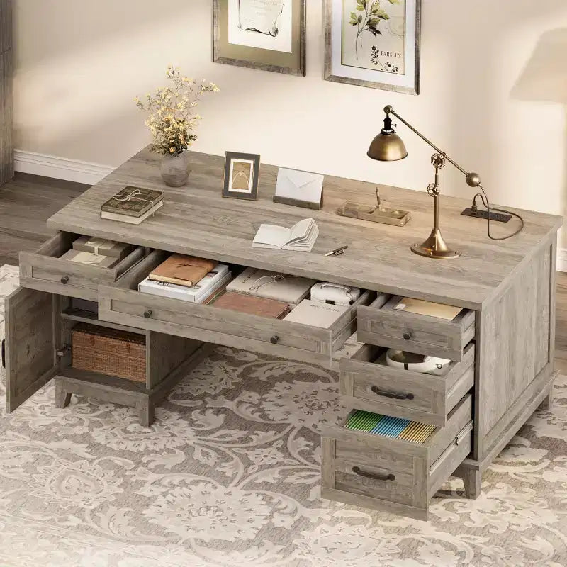 60 Executive Desk with Drawers, Home Office Desk with Charging Station, Wooden Computer Writing Desk for Study, Conference Table for Living Room