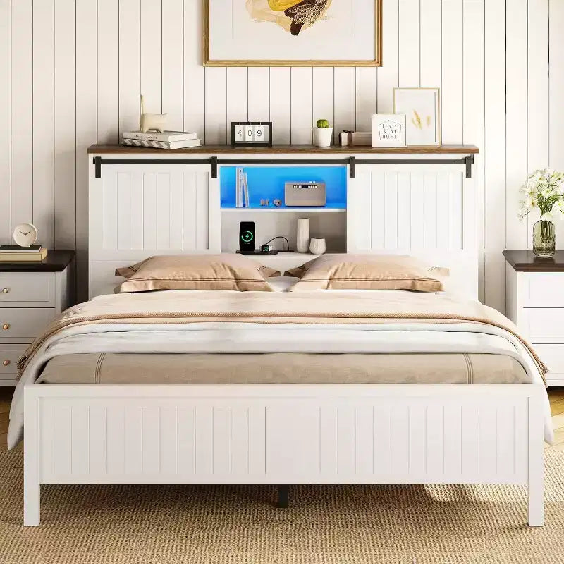 Farmhouse Bed Frame with Storage Bookcase Headboard, LED Lights, Charging Station, 2 Sliding Barn Doors, No Box Spring Needed, White+Walnut