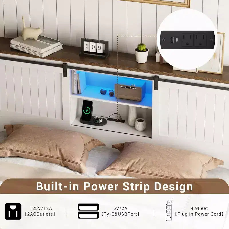 Farmhouse Bed Frame with Storage Bookcase Headboard, LED Lights, Charging Station, 2 Sliding Barn Doors, No Box Spring Needed, White+Walnut