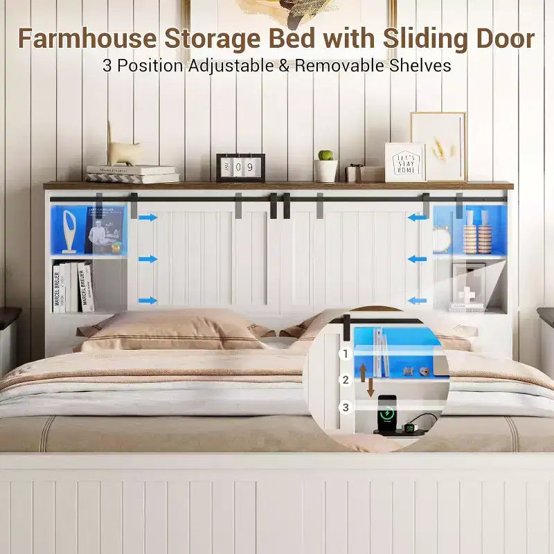 Farmhouse Bed Frame with Storage Bookcase Headboard, LED Lights, Charging Station, 2 Sliding Barn Doors, No Box Spring Needed, White+Walnut