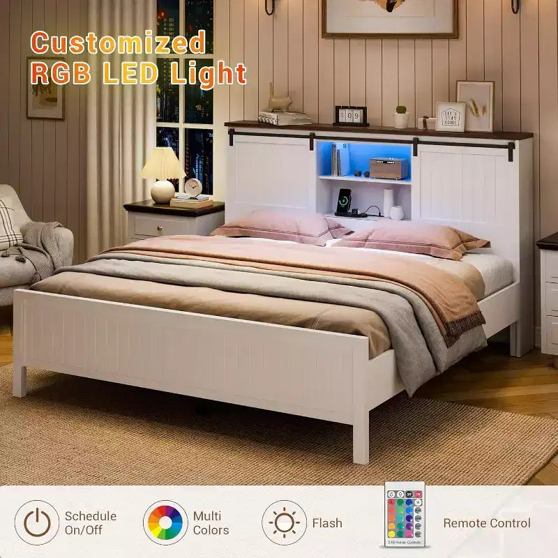 Farmhouse Bed Frame with Storage Bookcase Headboard, LED Lights, Charging Station, 2 Sliding Barn Doors, No Box Spring Needed, White+Walnut