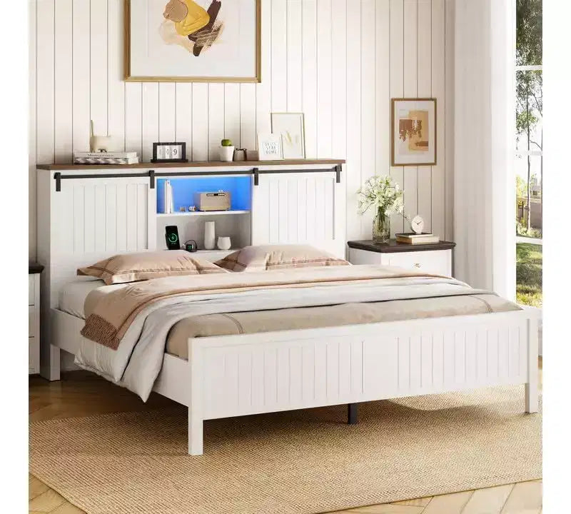 Farmhouse Bed Frame with Storage Bookcase Headboard, LED Lights, Charging Station, 2 Sliding Barn Doors, No Box Spring Needed, White+Walnut