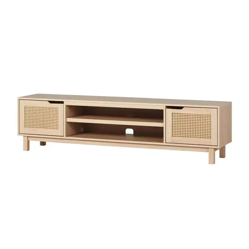Modern Boho Storage TV Stand with Rattan Doors for TVs up to 80, Coastal Oak