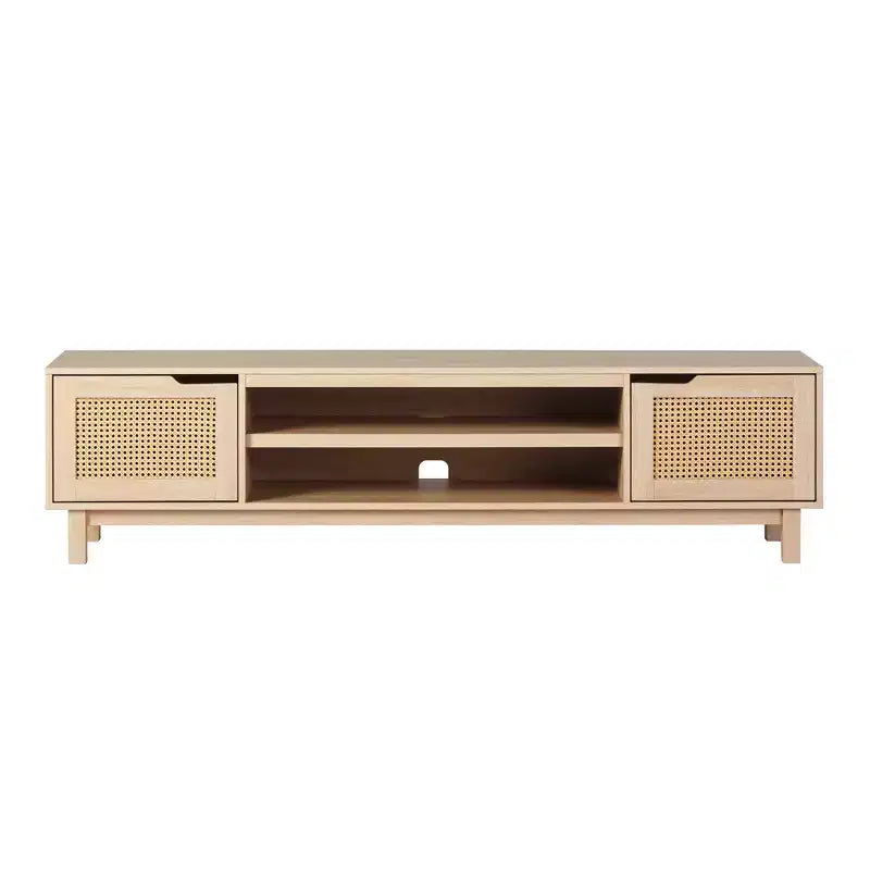Modern Boho Storage TV Stand with Rattan Doors for TVs up to 80, Coastal Oak