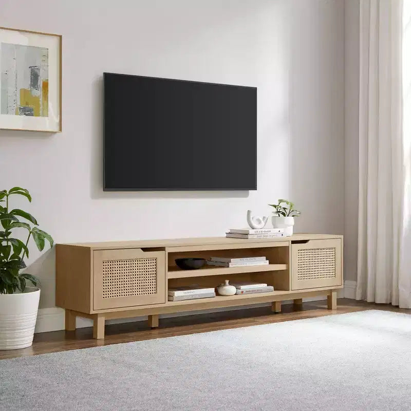 Modern Boho Storage TV Stand with Rattan Doors for TVs up to 80, Coastal Oak