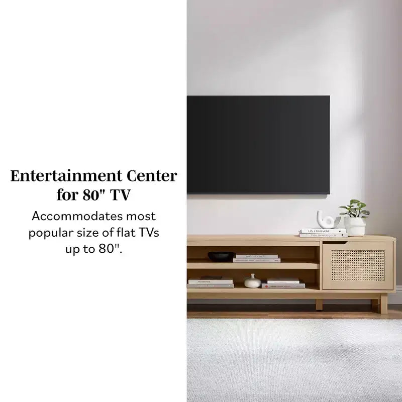 Modern Boho Storage TV Stand with Rattan Doors for TVs up to 80, Coastal Oak