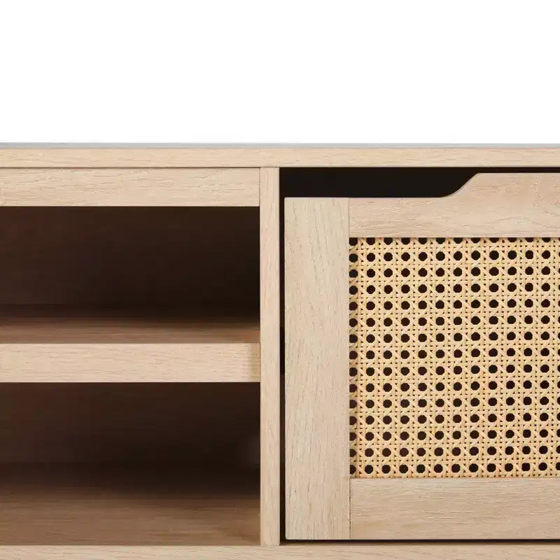 Modern Boho Storage TV Stand with Rattan Doors for TVs up to 80, Coastal Oak