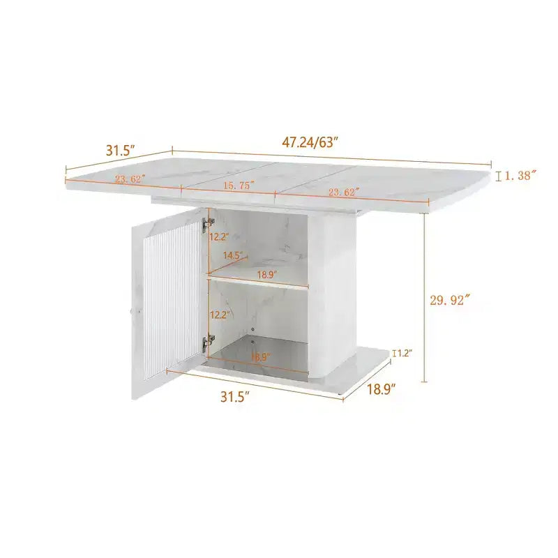 47.24-63Modern Rectangle Dining Table, Stretchable, with Printed White Marble Table Top+Storage Cabinet Table Leg with Metal Base