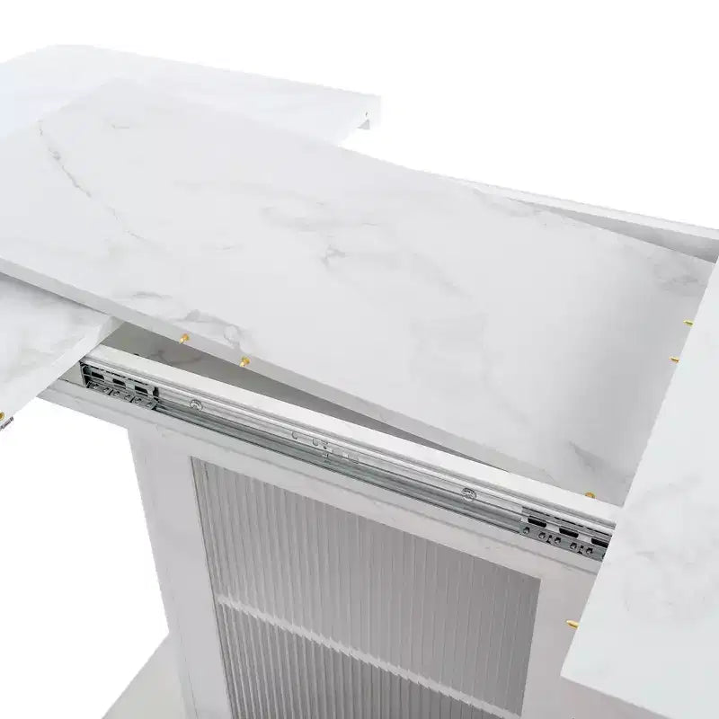 47.24-63Modern Rectangle Dining Table, Stretchable, with Printed White Marble Table Top+Storage Cabinet Table Leg with Metal Base