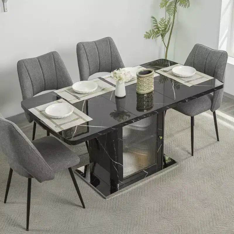 47.24-63Modern Rectangle Dining Table, Stretchable, with Printed White Marble Table Top+Storage Cabinet Table Leg with Metal Base