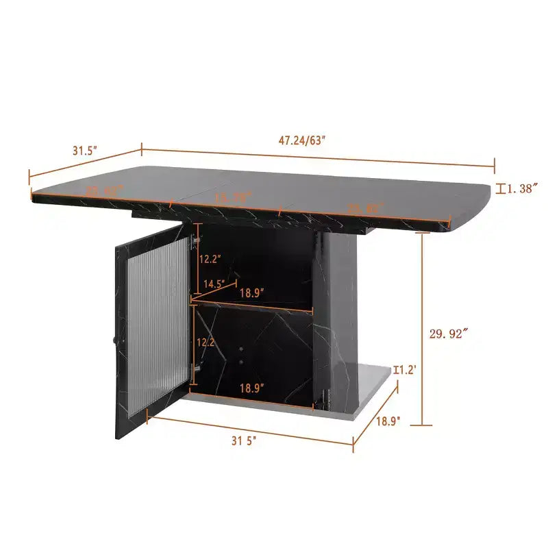 47.24-63Modern Rectangle Dining Table, Stretchable, with Printed White Marble Table Top+Storage Cabinet Table Leg with Metal Base