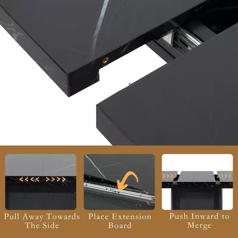 47.24-63Modern Rectangle Dining Table, Stretchable, with Printed White Marble Table Top+Storage Cabinet Table Leg with Metal Base