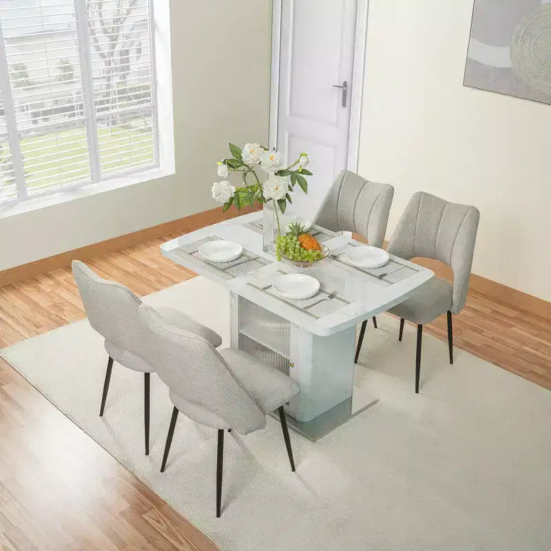 47.24-63Modern Rectangle Dining Table, Stretchable, with Printed White Marble Table Top+Storage Cabinet Table Leg with Metal Base