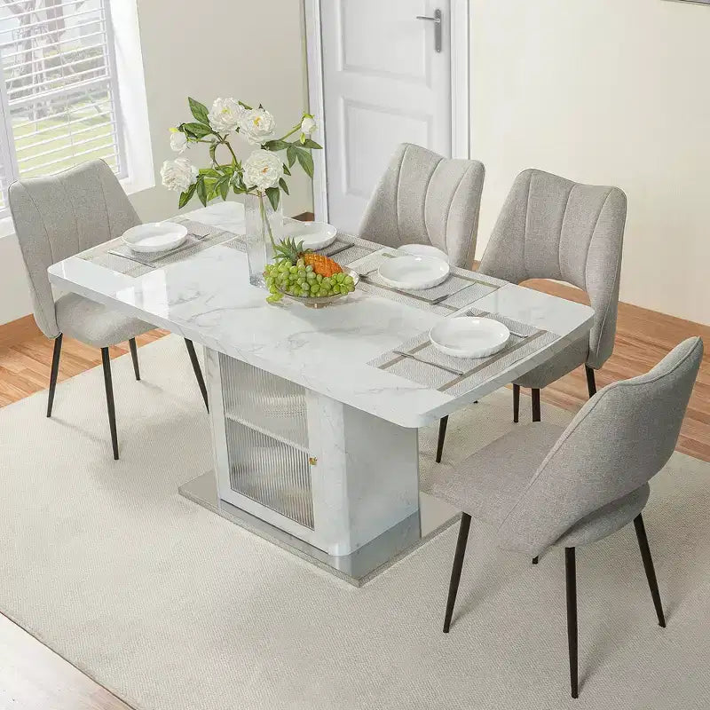 47.24-63Modern Rectangle Dining Table, Stretchable, with Printed White Marble Table Top+Storage Cabinet Table Leg with Metal Base