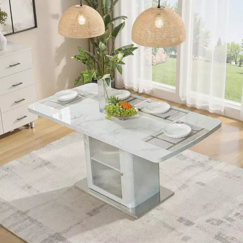 47.24-63Modern Rectangle Dining Table, Stretchable, with Printed White Marble Table Top+Storage Cabinet Table Leg with Metal Base