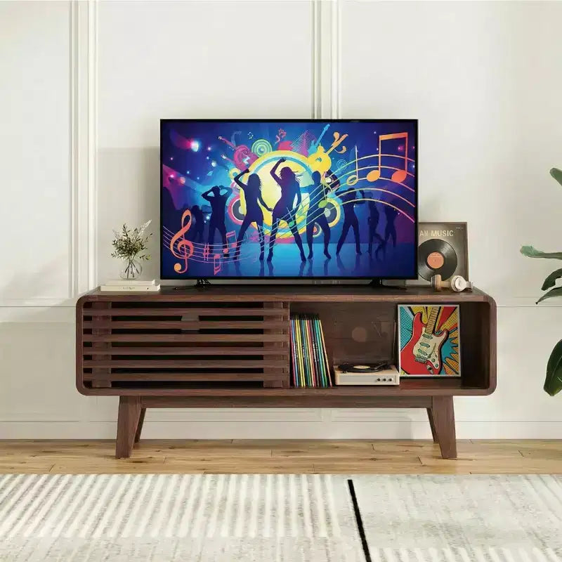 Mid-Century Modern TV Stand for TVs up to 59" with Sliding Doors & Open Storage