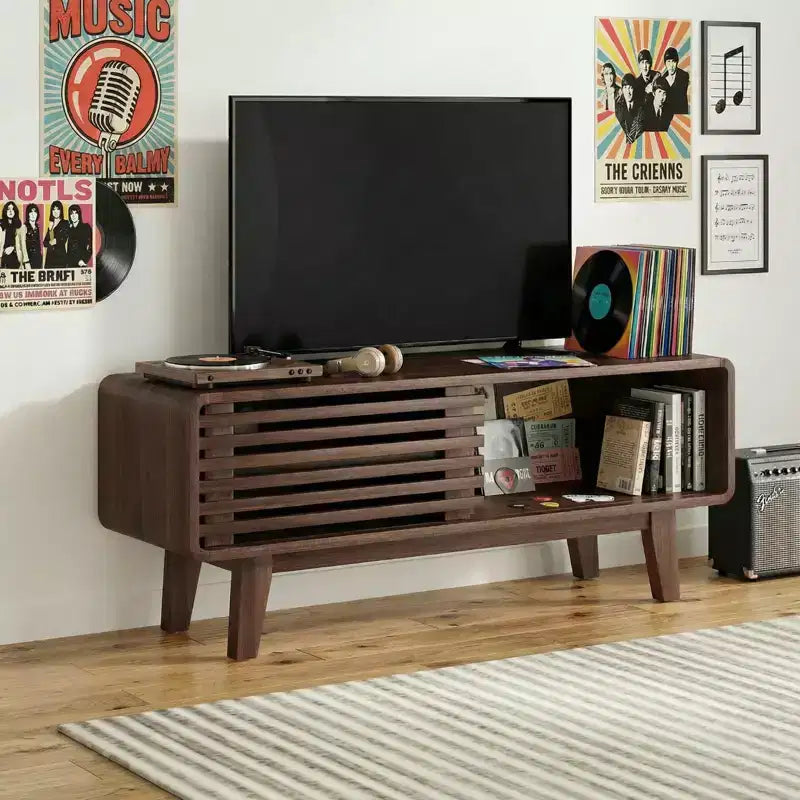 Mid-Century Modern TV Stand for TVs up to 59" with Sliding Doors & Open Storage
