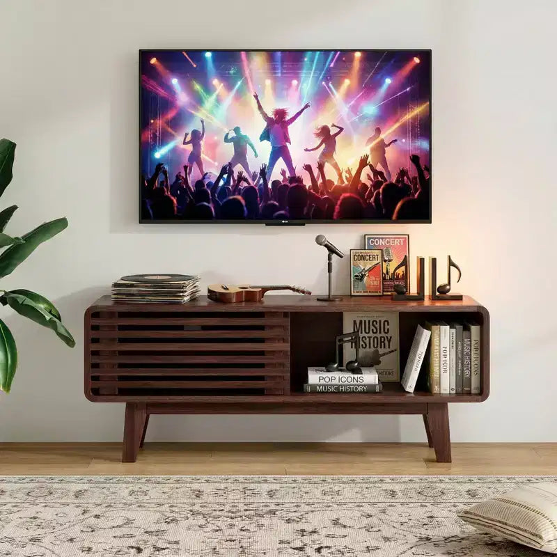 Mid-Century Modern TV Stand for TVs up to 59" with Sliding Doors & Open Storage