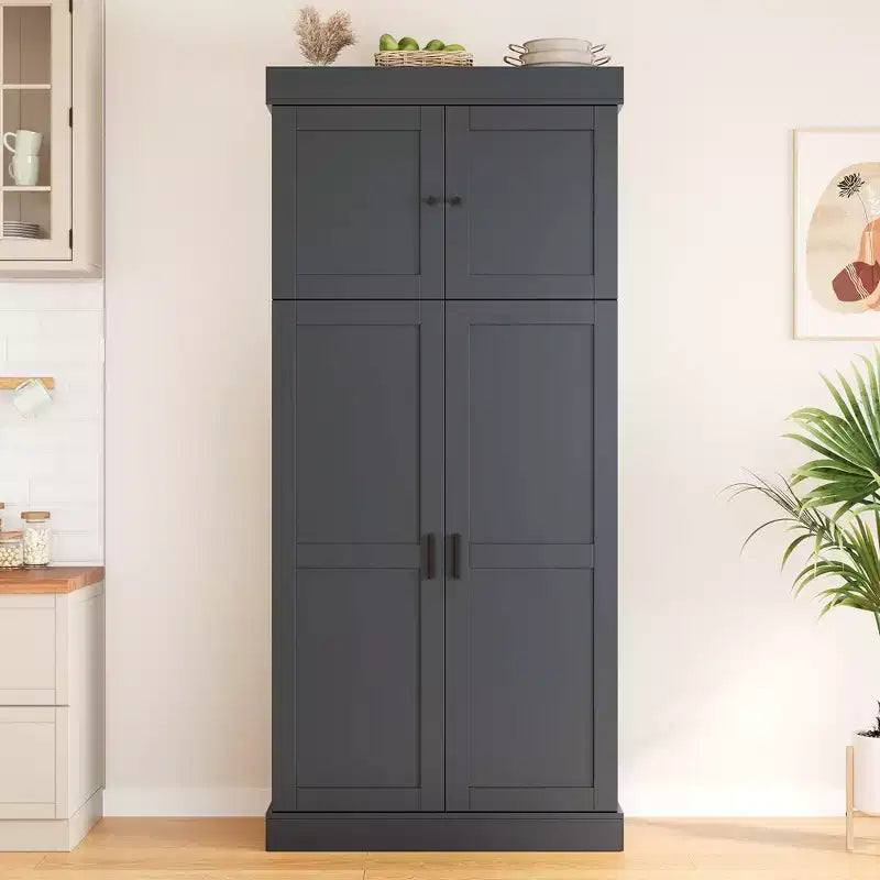 77" Freestanding Kitchen Pantry, Farmhouse Storage Cabinet with Adjustable Shelves, Door Shelves, Drawers & Wine Racks