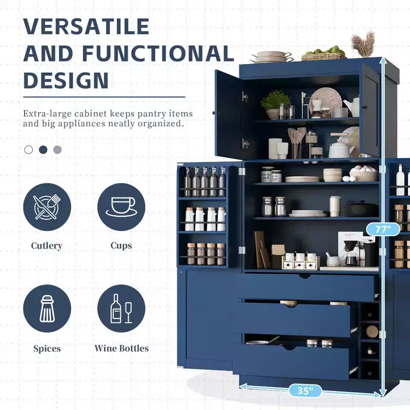 77" Freestanding Kitchen Pantry, Farmhouse Storage Cabinet with Adjustable Shelves, Door Shelves, Drawers & Wine Racks