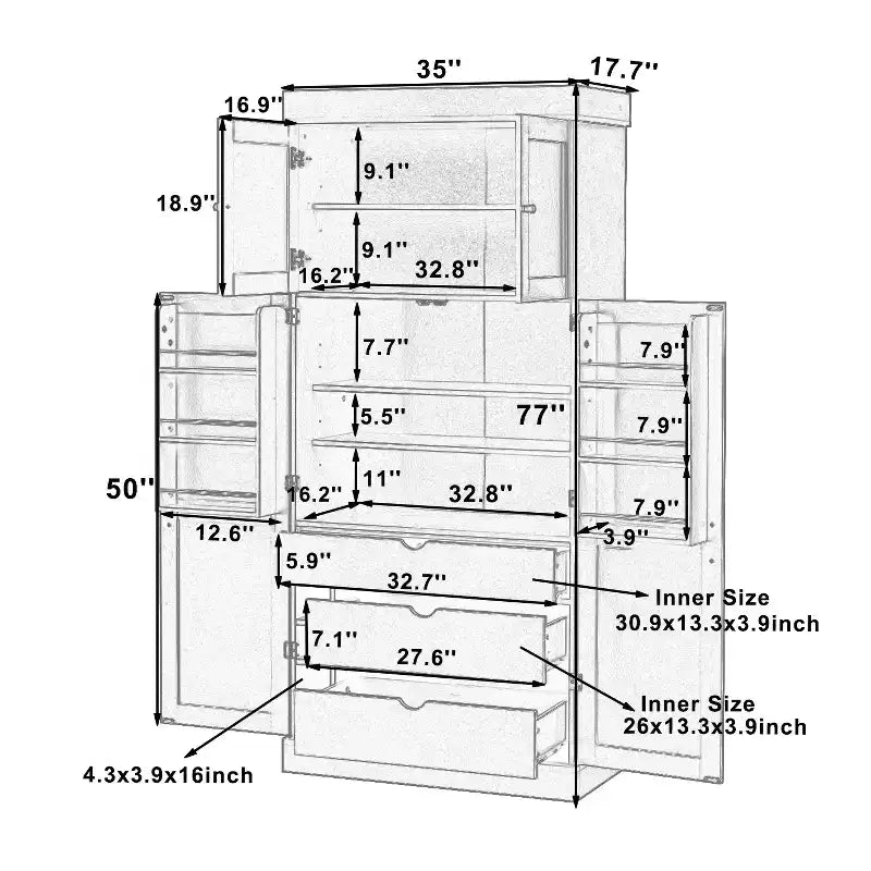 77" Freestanding Kitchen Pantry, Farmhouse Storage Cabinet with Adjustable Shelves, Door Shelves, Drawers & Wine Racks