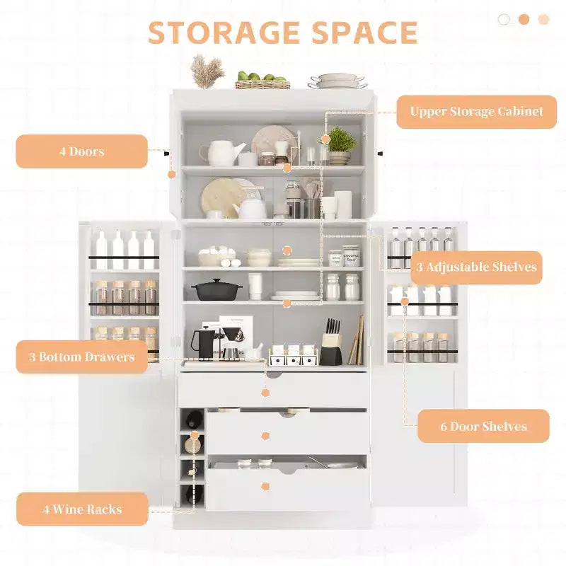 77" Freestanding Kitchen Pantry, Farmhouse Storage Cabinet with Adjustable Shelves, Door Shelves, Drawers & Wine Racks