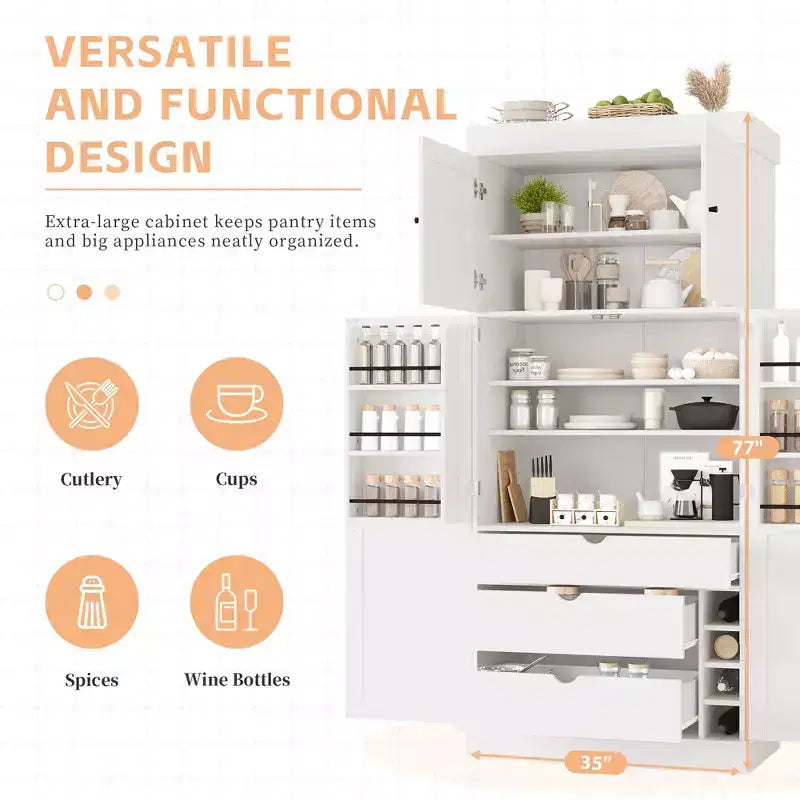 77" Freestanding Kitchen Pantry, Farmhouse Storage Cabinet with Adjustable Shelves, Door Shelves, Drawers & Wine Racks