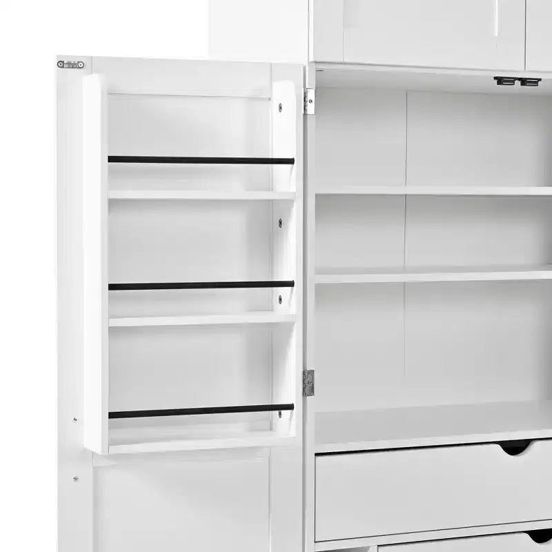 77" Freestanding Kitchen Pantry, Farmhouse Storage Cabinet with Adjustable Shelves, Door Shelves, Drawers & Wine Racks