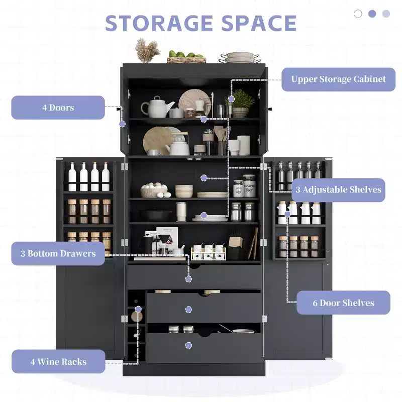 77" Freestanding Kitchen Pantry, Farmhouse Storage Cabinet with Adjustable Shelves, Door Shelves, Drawers & Wine Racks