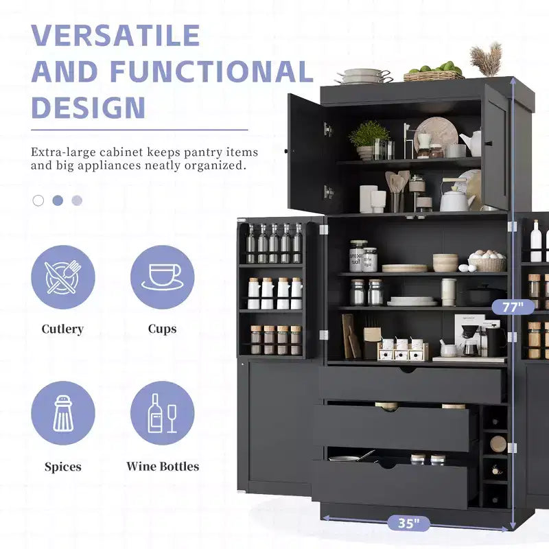 77" Freestanding Kitchen Pantry, Farmhouse Storage Cabinet with Adjustable Shelves, Door Shelves, Drawers & Wine Racks