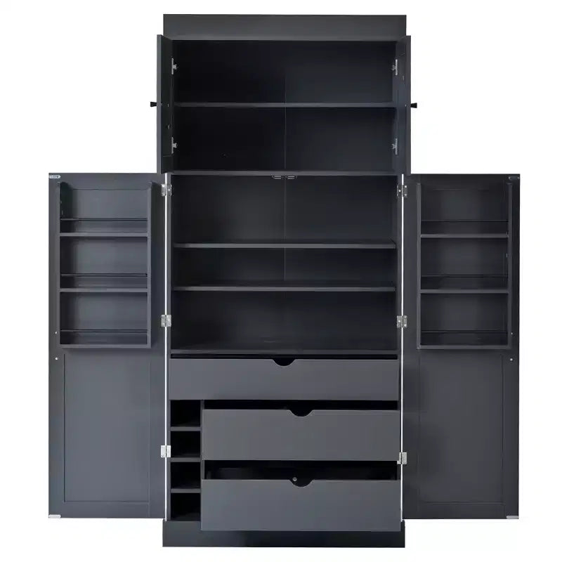 77" Freestanding Kitchen Pantry, Farmhouse Storage Cabinet with Adjustable Shelves, Door Shelves, Drawers & Wine Racks