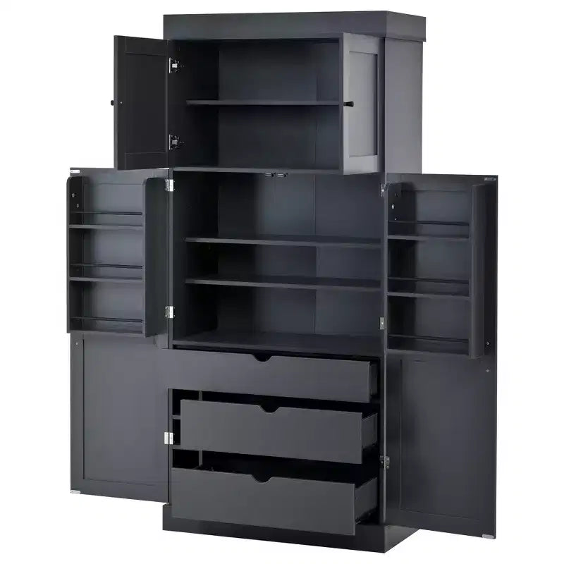 77" Freestanding Kitchen Pantry, Farmhouse Storage Cabinet with Adjustable Shelves, Door Shelves, Drawers & Wine Racks