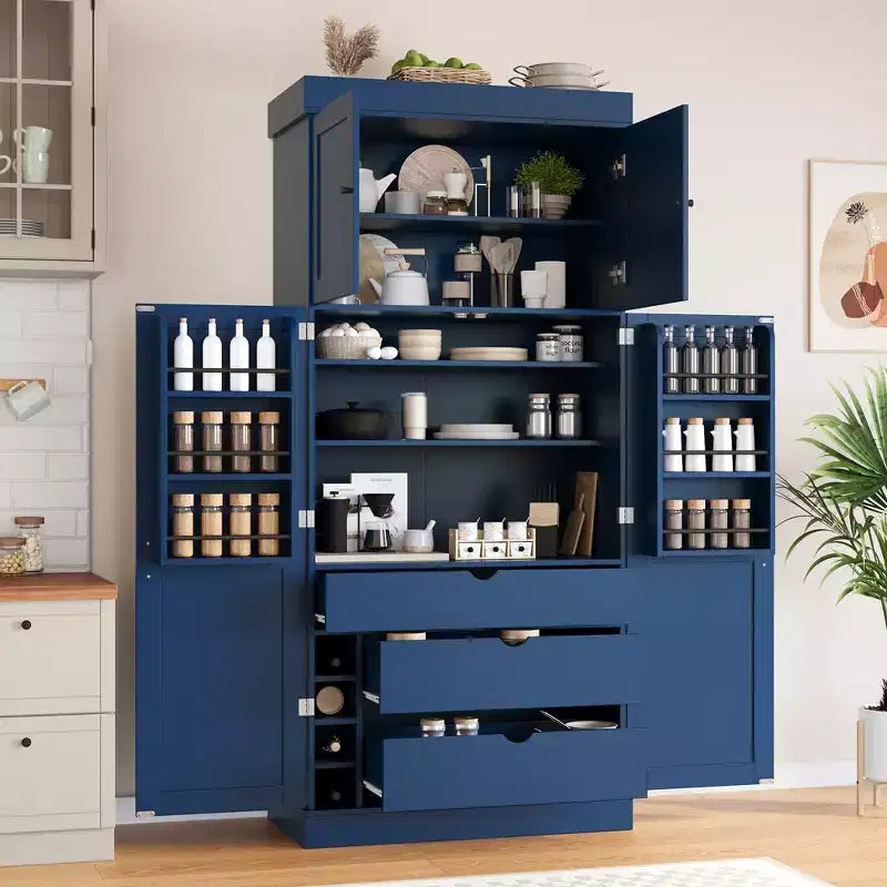 77" Freestanding Kitchen Pantry, Farmhouse Storage Cabinet with Adjustable Shelves, Door Shelves, Drawers & Wine Racks