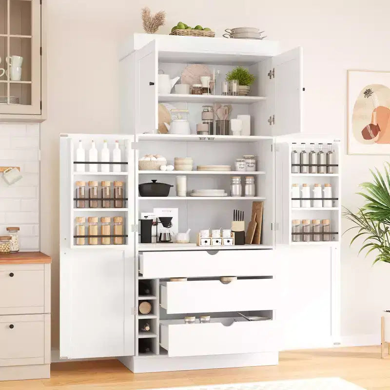 77" Freestanding Kitchen Pantry, Farmhouse Storage Cabinet with Adjustable Shelves, Door Shelves, Drawers & Wine Racks