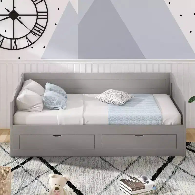 FAMYYT Twin Size Wooden Daybed with 2 Drawers, Extendable Bed, Easy Assembly, Gray