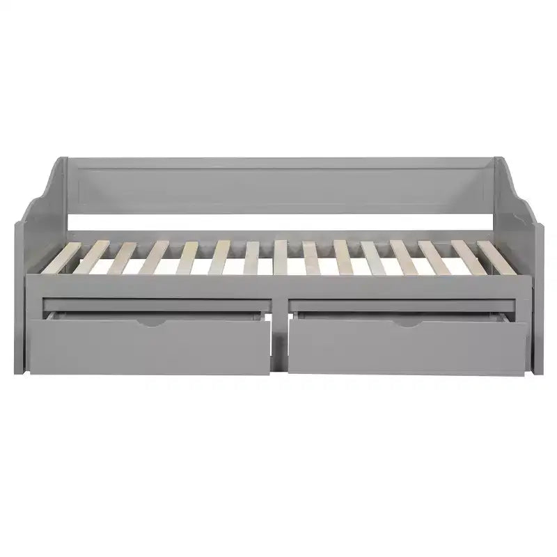 Twin Size Wooden Daybed with 2 Drawers, Extendable Bed, Easy Assembly, Gray